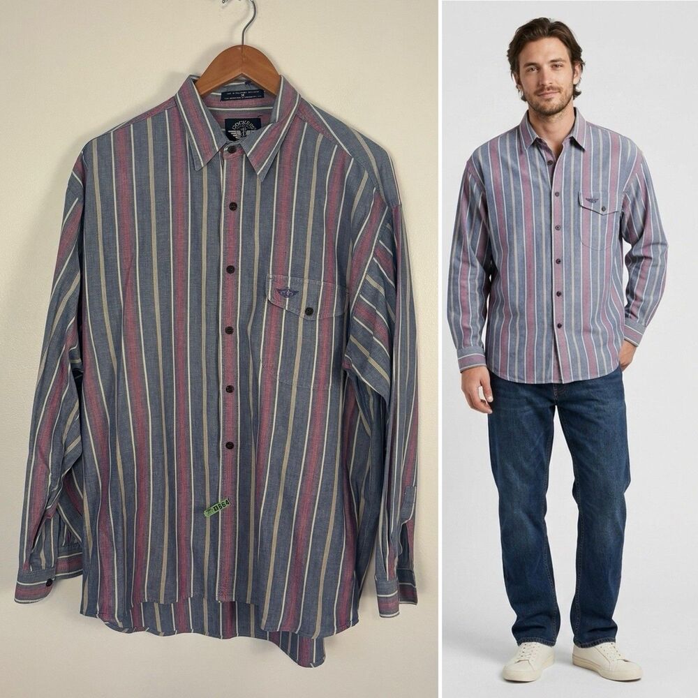 VTG 90s Dockers Levi Strauss Striped Button Shirt Mens M Blue Red Cotton